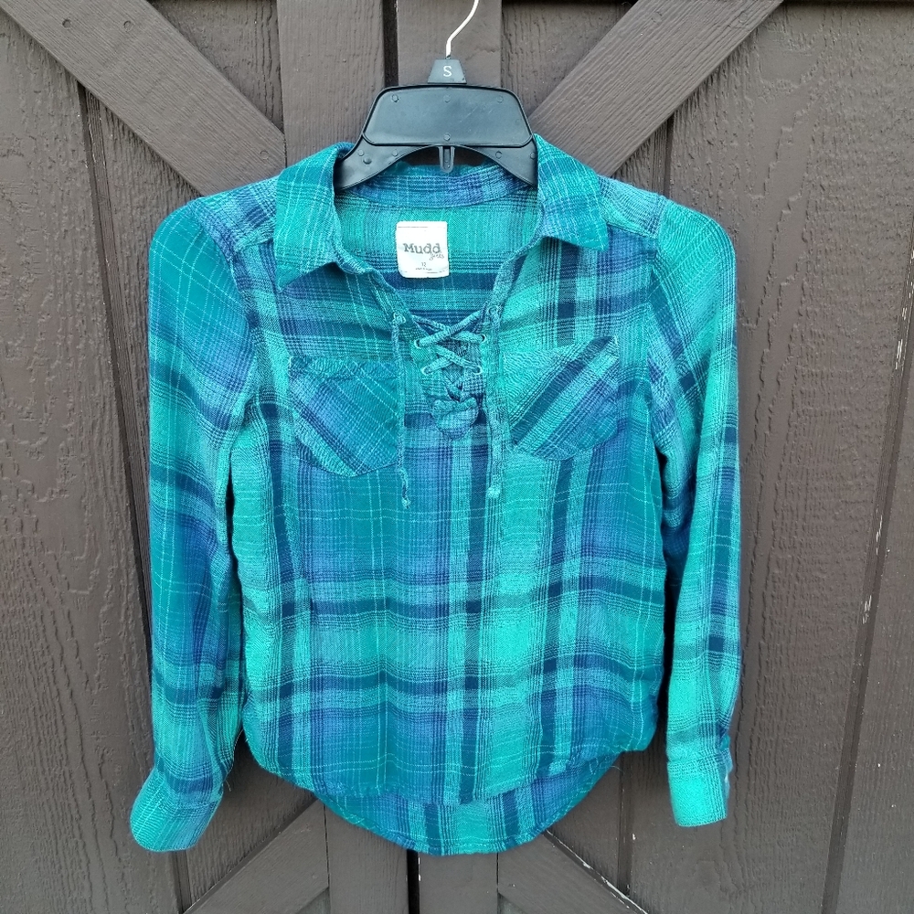 Mudd Y2k Girls Sz 12 Very Soft Pull Over Lace Up Shirt Green/Blue 100% Rayon